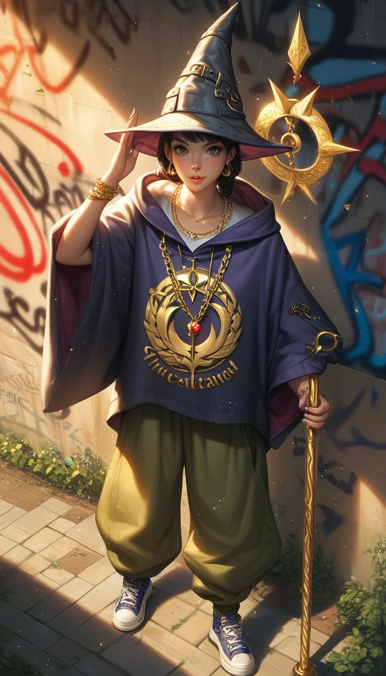 A medieval wizard styled like a 1990s rap icon, full body, birds-eye view, in isometric style. The wizard wears a large, graffiti-covered hoodie under a flowing cloak, oversized gold chains with a magical amulet, a snapback hat backward over his pointed wizard hat, and baggy pants that tuck into enchanted high-top sneakers with neon details. He holds a glowing staff like a mic, casting a spell with one hand in a classic rap pose. Around him, the ground sparkles with magical runes mixed with graffiti tags, and floating enchanted orbs resemble disco lights. The lighting casts dramatic shadows, illuminating the wizard’s bling, his modern streetwear, and the ethereal, enchanted symbols swirling around him.
