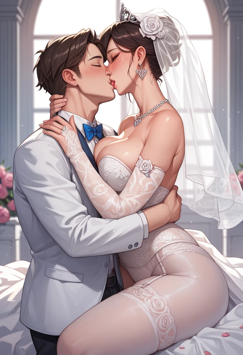 score_9, score_8_up, score_7_up, source_anime, realistic,(married couple), (mother and son), kissing, busty mother, (big breast, hairy pussy,long hair,), (wedding dress, necklace, earing, wedding suit,), night time, (adult woman, mother and son, , hug, kiss, hand on head, kneel,)