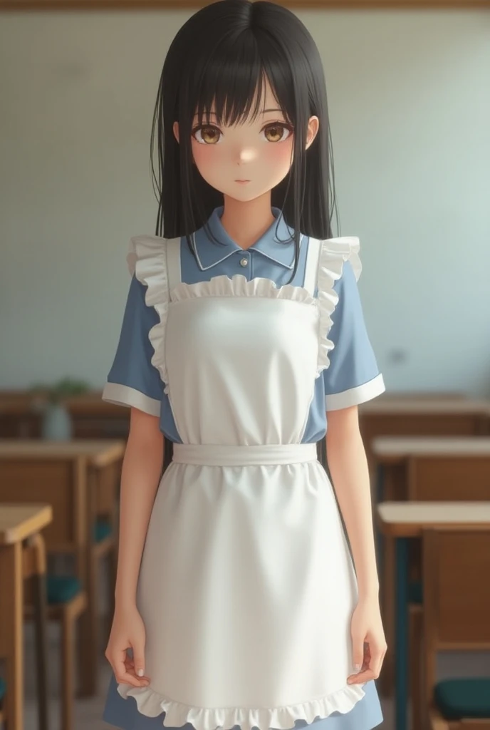 young girl in dress, tanned skin, blue eyes, short brown hair