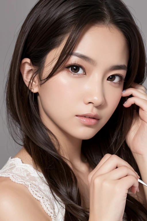 raw photo of beautiful female, looking at camera, centered portrait upper body, Miss Japan, slim perfect face, natural look, playmate, straight hair, wet hair tied in a bun, supermodel, wet skin, moist skin, blushing cheek, very very small bust, closing eyes, feeling ecstasy, nude skin, in photo studio