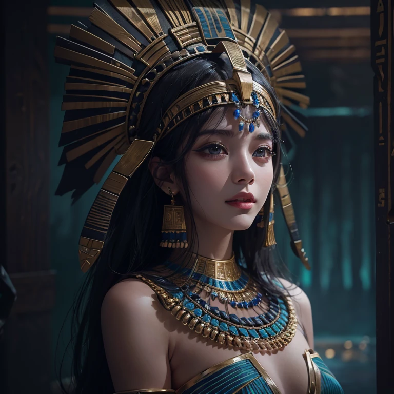 Standing in an ancient Egyptian cave、Blowing hair 、 ((highest quality、masterpiece、8k、Best image quality、Ultra-high resolution、Award-winning works)、(Accurate anatomy:1.1)、(Look at me and smile:1.0)、Shining fair skin with Ultra-high resolution、The most detailed face、Ultra-high resolution detailed face、Ultra-high resolutionの髪の毛、(Ultra-high resolution eye:1.1)、Beautiful face drawn in every detail、Ancient Egyptian costumes, Chest to chest, Dark atmosphere,Dark Light, Ancient Egyptian makeup,