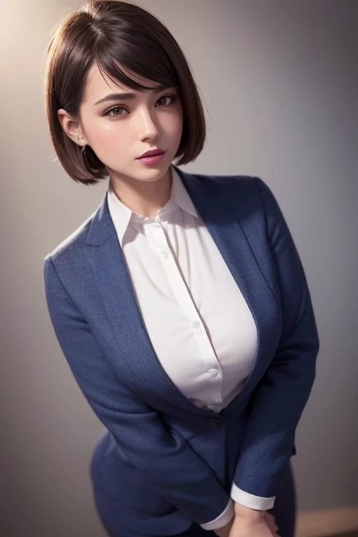 (masterpiece), (top-quality), Photorealistic, photorealisim, fullllbody、a picture, 1girl in, short curled hair、独奏, extemely sexy、Very small buttocks、Sticking out the buttocks、Very tight business suit、hair messy, face perfect, perfect bodies, Good anatomy, president’s office、film like