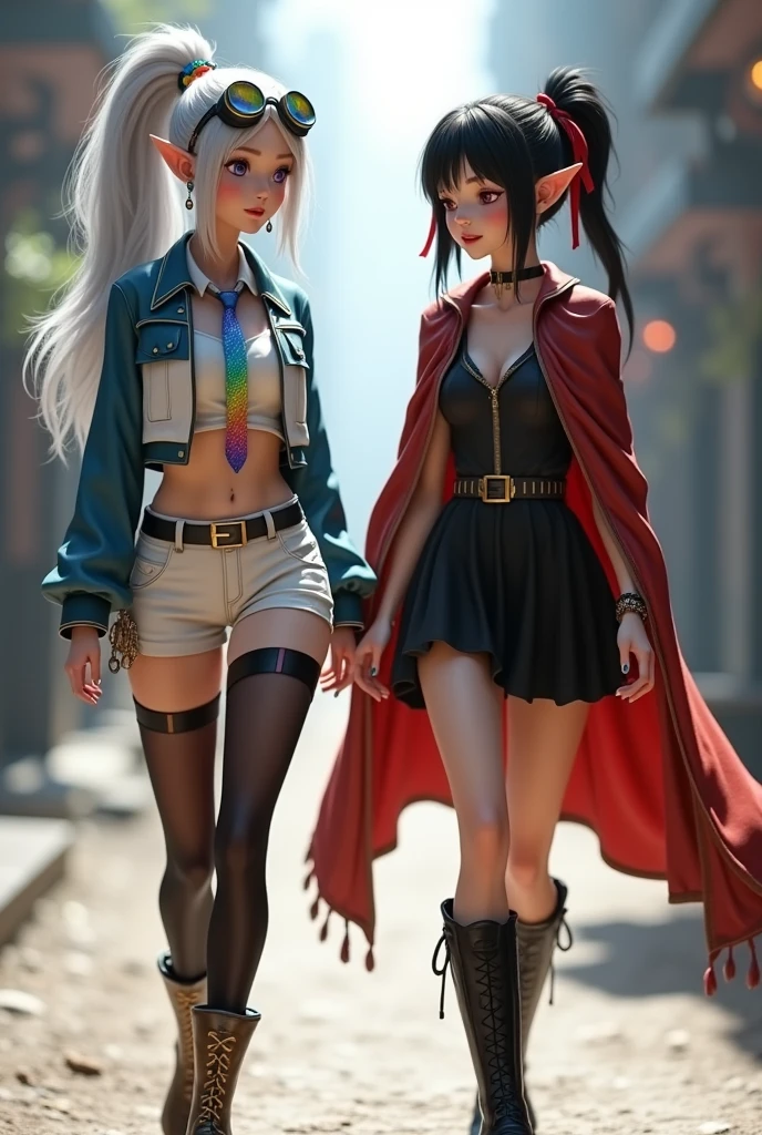 Super realistic illustration, Detailed Fantasy art, Cinema 4D rendering. 2 cute ladies, full body, They are waiking toward the camera, chatting with smile. (left lady is 172cm tall, purple eyes, ponytail silver hair, bangs, wearing white and blue long sleeve short flight jacket over white sleeveless collared crop top, rainbow tie, breasts, earrings, rainbow reflection goggles on head, midriff, low rise shorts, high cut shorts, groin groove, waist belt with shining blue stone buckle, thighs, translucent black pantyhose, lace-up military short boots). (right lady is 152cm tall, black hair, short ponytail with red ribbons, red eyes, beautiful eyes, pointy ears, vampire fang, black sundress with red cloak, high leather boots). sharp focus