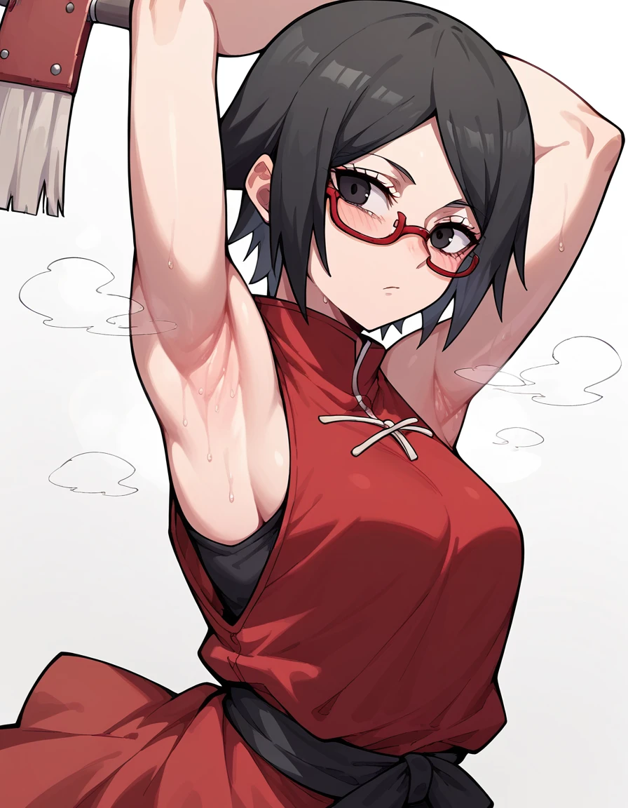  anime art style,sarada uchiha,  short hair,  Black Hair , (black eyes:1.5), Red-rimmed glasses, Glasses,   sweep bang,(Armpit:1.3)，(steam，steamimg:1.1)，  red dress ,halcon ,