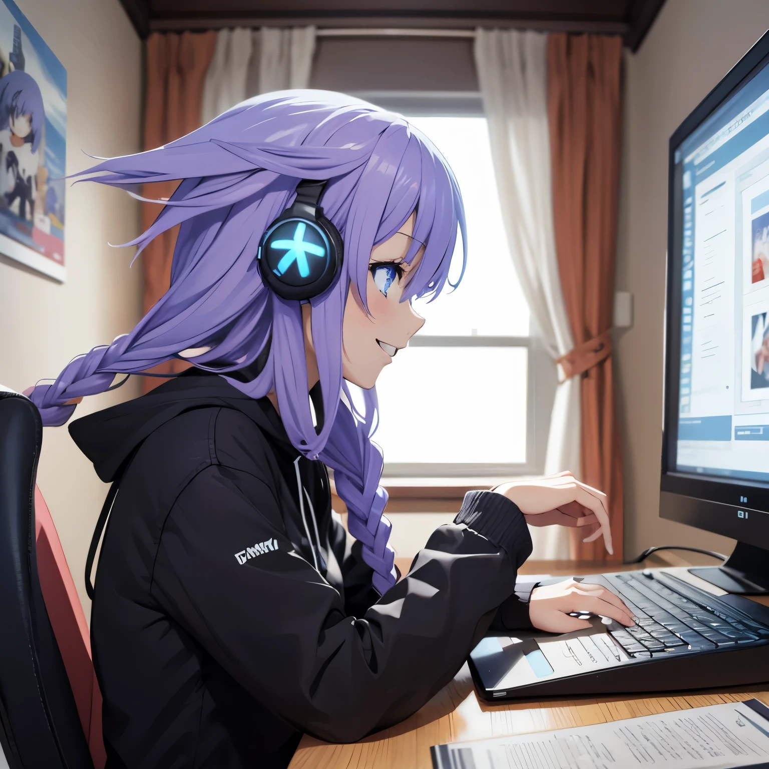 Casual clothing in a cozy room concentrated playing computer gaming with headphones, Masterpiece picture quality ,,Urban girl ,smile, number art ,style of anime,retro anime girl,Punk Girl,in an anime style, dual horsetail , front side profile, close up