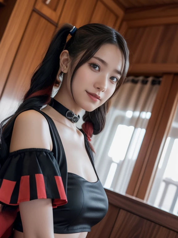 best quality, tmasterpiece,Ultra-high resolution,Clear face,(Reality:1.4),ferpect lighting,(upper body photo:1.7), (photorealistic:1.50), anime wallpaper, Guviz style artwork, cover-up fantasy up to magic , by Yang J, Guviz, beautiful artwork illustration, beautiful digital artwork, beautiful digital illustration, Li Song, beautiful anime portrait, art style in Beauvot, 1girl, 独奏, looking at viewer, smiling, standing, Arms behind back, cosplay costume, cosplay, purple hair, very long hair, hair ornament, jewelry, Earrings, shirt, corset, skirt, plaid skirt, dropped collar , detached sleeves, arm warmers, bows, horns, o-rings, chains, thigh straps, hair bands, thighs, ripped thighs, knee boots, belt boots, platform shoes, garden backgrounds, inside