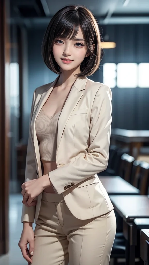 (masterpiece, best quality:1.2), 1girl, solo, straight bob hair, Wear a business suit, (smile:1.3), upper half of the body