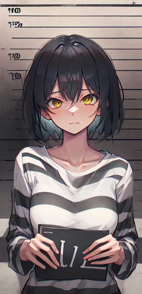 masterpiece, Best Quality, Illustration, Mugshot, Body length chart,  1 girl,  upper body, Holding a sign,  watching viewers ,  medium chest,  black short hair, narrowed yellow eyes, Prison clothes,  Striped Shirt 
