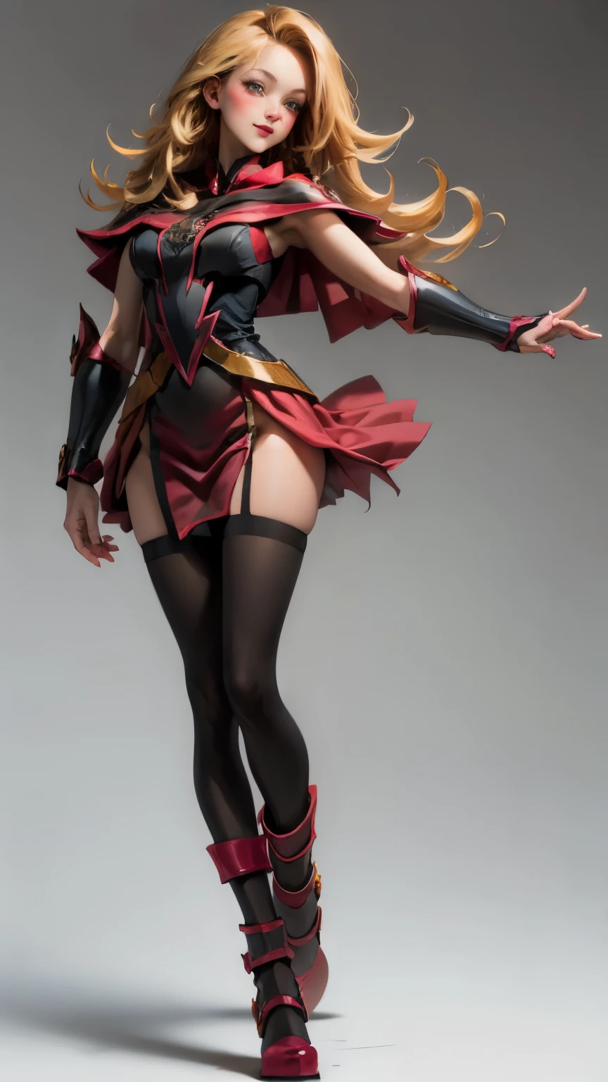  Magician girls , Japanese anime, Beautiful blonde girl in Alice miniskirt in a bright red Santa Claus costume. blonde hair.  green eyes.  red lips. blush on cheek.  She has tall gold boots. She wears black tights .  She has a staff in her hand. She wears a miniskirt. Take full body. smile. Walking pose. Staff in her hands . white background. bottomless