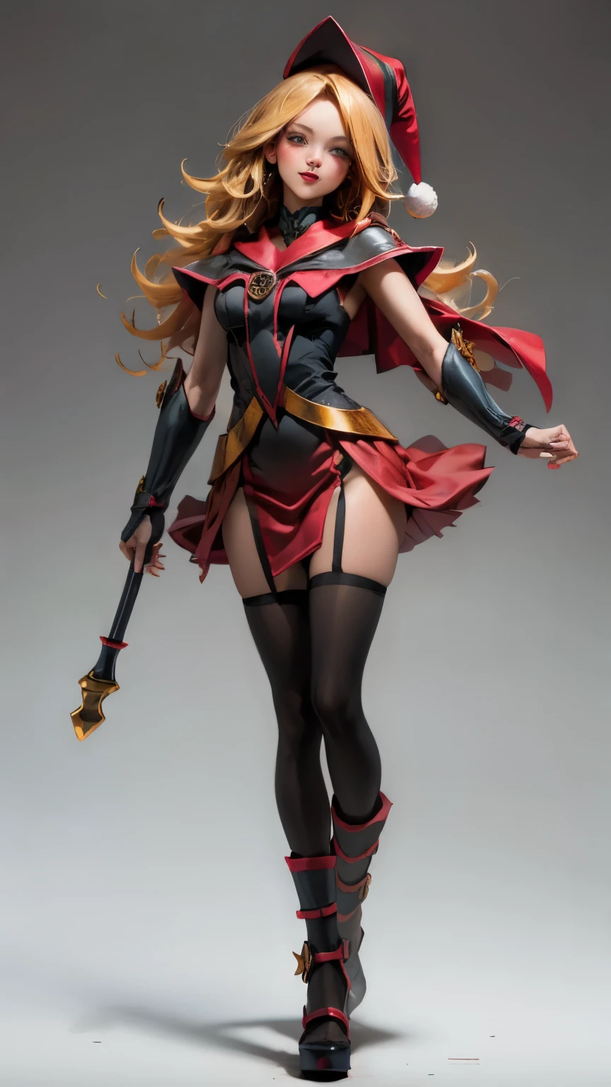  Magician girls , Japanese anime, Beautiful blonde girl in Alice miniskirt in a bright red Santa Claus costume. blonde hair.  green eyes.  red lips. blush on cheek.  She has tall gold boots. She wears black tights . Ella tiene un báculo en la mano. She wears a miniskirt. Take full body. smile. Walking pose. Staff in her hands . white background. bottomless