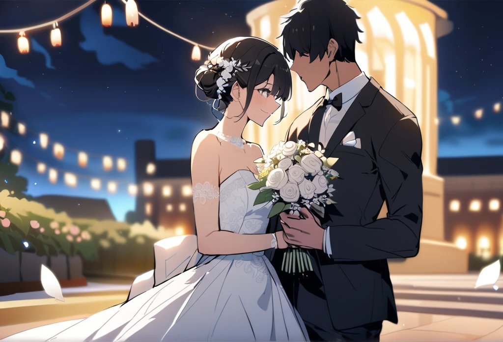 best quality, ultra-detailed, illustration, 
marunouchiekimaehiroba, dress, 1girl, hetero, 1boy, wedding dress, flower, night, bouquet, black hair, couple, formal, short hair, white dress, suit, outdoors, wedding, blurry, bare shoulders, holding
 