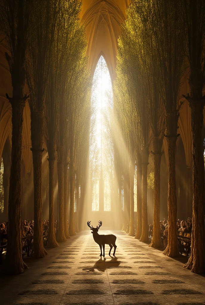 

"Creation of a photorealistic image of a cathedral nestled in an autumn forest. The columns are made from very tall birch trees. 

"Image of the interior of a Gothic-style cathedral. With high aisles and the pillars are tree trunks. In the center of the nave, a very majestic deer walks in front of view

Disegna l'interno della cattedrale gotica