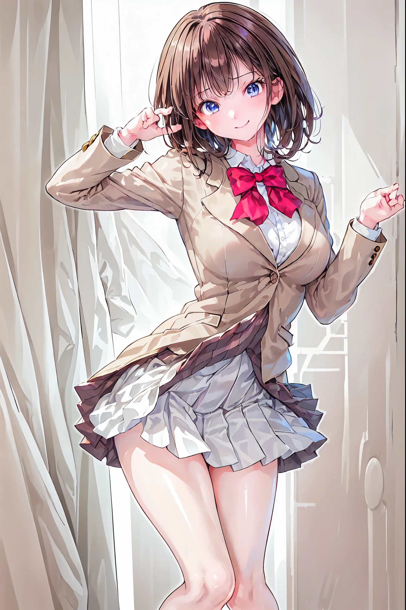 Brown Hair， shortcut ， hair is unkempt ，Slender beauty，hole々Positive Attitude，Small box，Beautiful legs，Her enchanting gray-blue eyes sparkle like stars，(masterpiece:2.0), (Best Quality:2.0), (ミニスカート ショート丈 女子高生blazer uniform:1.5), ( side view:1.5), ( sexy pose:1.5), (Red face:1.3), (Realistic:1.5), 1 , Precision small handle,   Embarrassing Looks  , smile, Very nice girl,  innocent face , Young Face,  Clear Eyes , Sparkling Eyes, Small box, Beautiful Skin,   peace sign， x} SUPER RESOLUTION ,  highest resolution , Japanese high school students, blazer uniform，Brown Hair, 