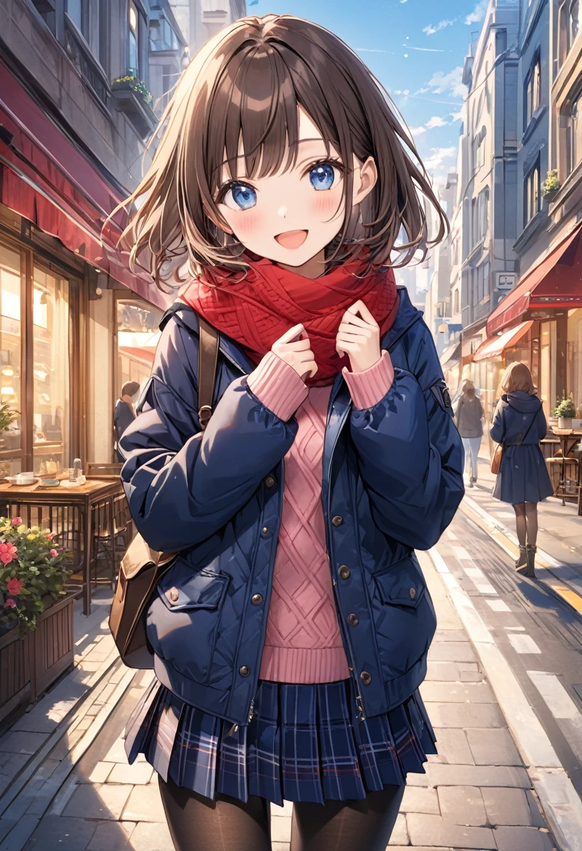 masterpiece, Best Quality,  Thin legs,  Beautiful Details , Fine texture, Fine skin,  1 girl,  Expressive Blue Eyes ,  small breasts,  Brown Hair,  medium hair , bangs, smile, blush, open mouth, dark blue down jacket,  casual,  pink knitted sweater,  red scarf, navy blue plaid pleated skirt, (navy blue pantyhose ), short boots , city, Building Street, full body、standing ,
