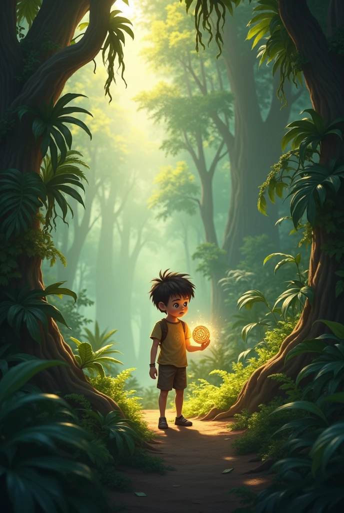 A boy take hand him heart and stay in the jungle