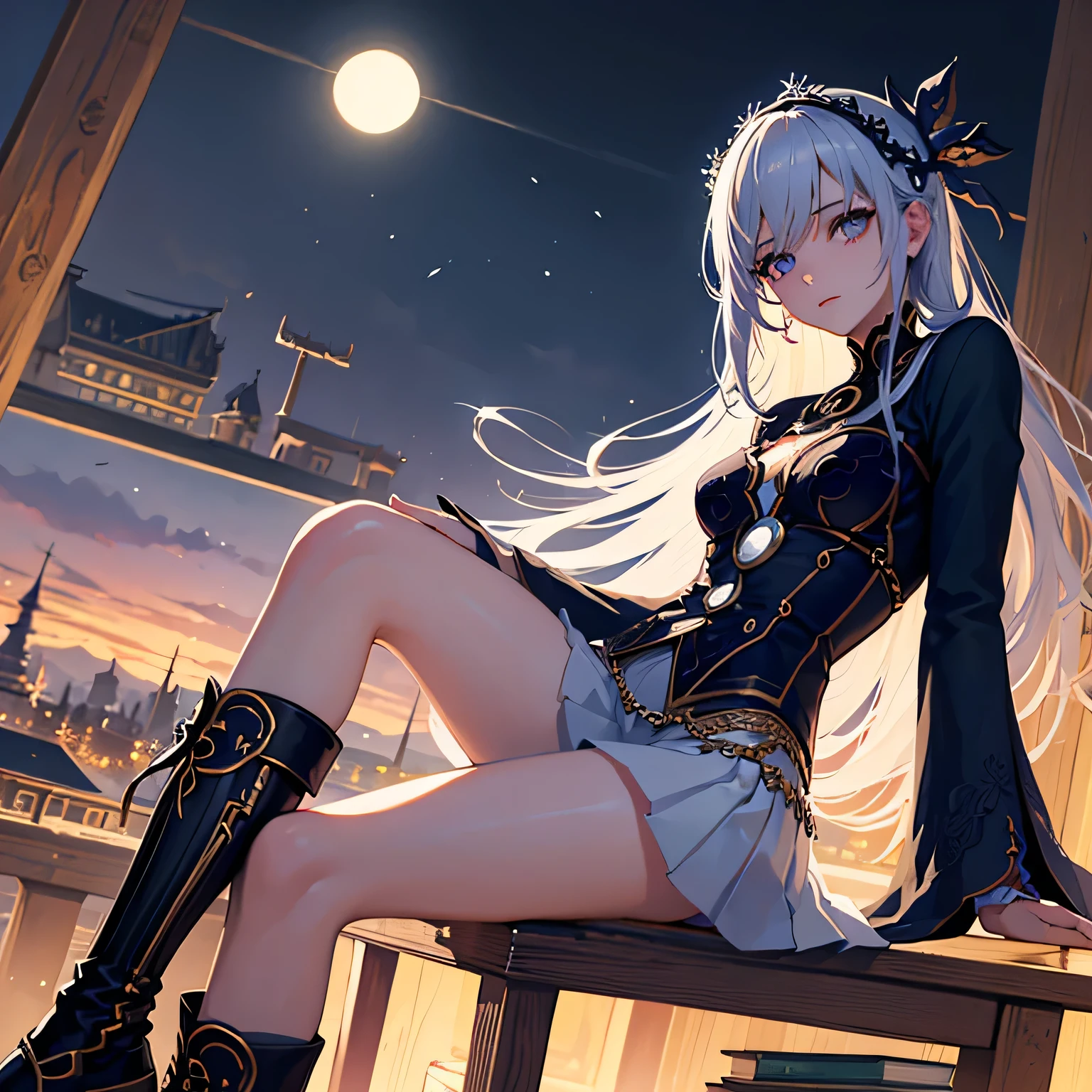  aesthetic, bohemian, realistic, skirt, stockings, skinny fit, goddess sitting pose, emo, staring on foreground, very bright and shinny eyes, winter deep night background, Dark fantasy winter, focus on hips, goddess, solo girl, towers of books