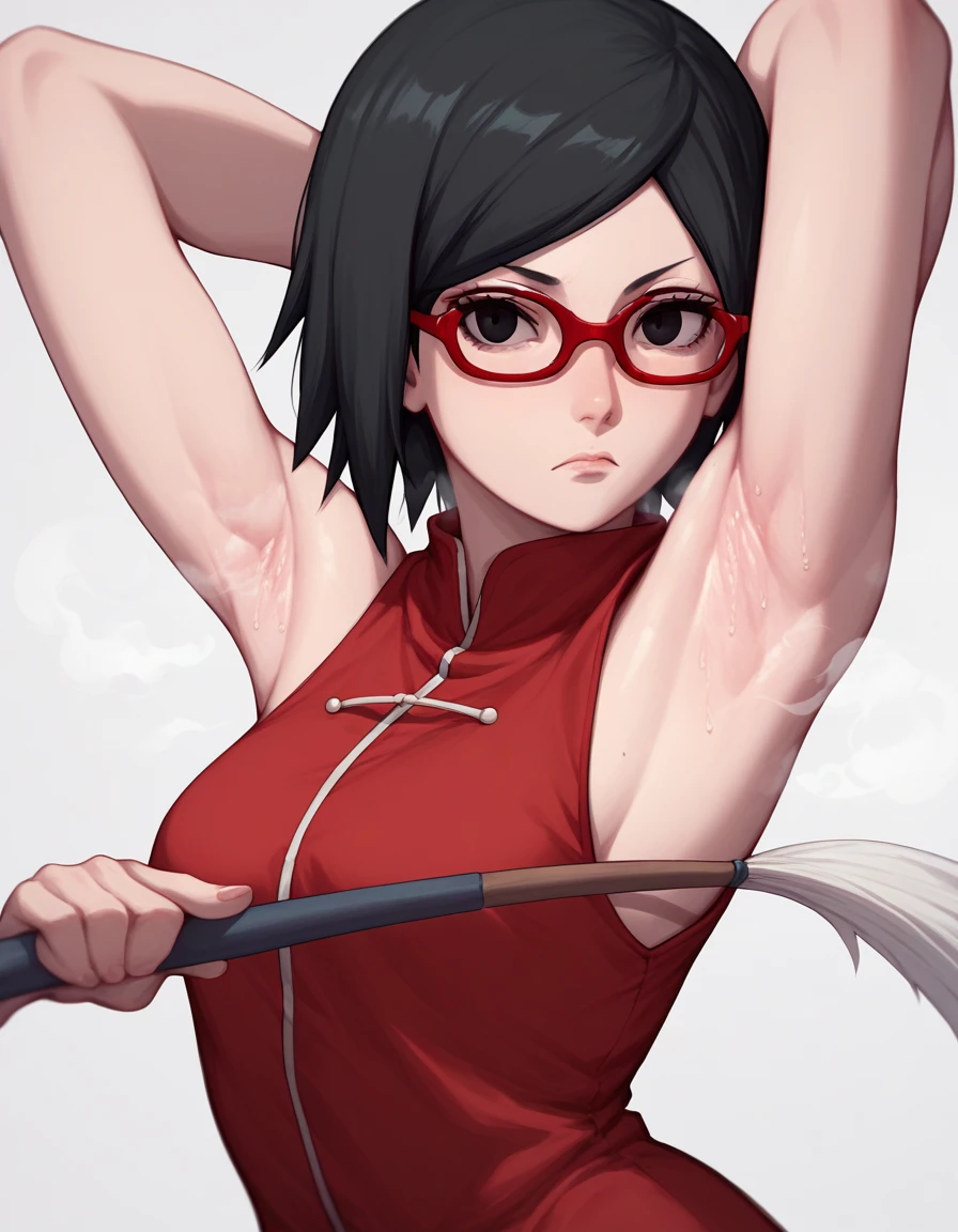  anime art style,sarada uchiha,  short hair,  Black Hair , (black eyes:1.5), Red-rimmed glasses, Glasses,   sweep bang,(Armpit:1.3)，(steam，steamimg:1.1)，  red dress ,halcon ,