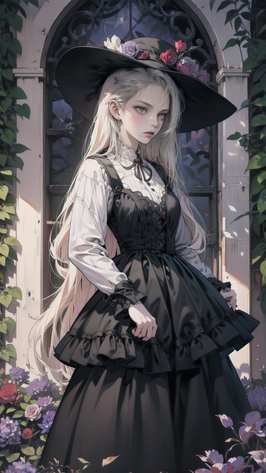 ネオゴススタイルの    girl, Wearing a black dress and a white collar, Wearing a black hat 、   with heavy makeup   ,     She's standing in an enigmatic garden     、Surrounded by vines    .    dark purple flowers are in full bloom in the garden     .、Gothic architecture in the background。.    girl&#39;Iの髪は黒色、    her hair is long braided    .、    red roses blooming next to her    。. Her eyes are sharp、It&#39;stabbing.,    Thick black eyeliner and 、 Red roses blooming beside her long eyelashes     .    she has white skin   .、Lips bright red.. The atmosphere is gloomy and eerie, Dim lighting casts long shadows.     This work is a collaboration between digital illustration and photography.., result、そのresult、Incredibly high resolution images。. Most colors are dark、I&#39;kind,   Dark red and purple exude intense beauty    ..      The overall style is neo-gothic      ., Horror,      Portrait photo      ,    creates a unique and fascinating visual experience     .Dark Imagery