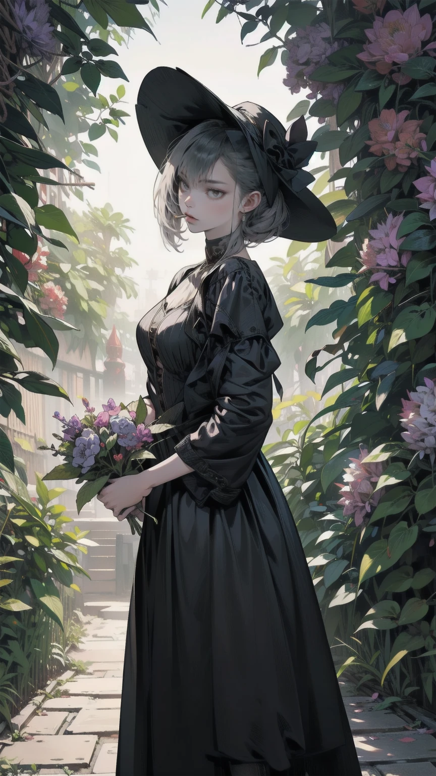 ネオゴススタイルの    girl, Wearing a black dress and a white collar, Wearing a black hat 、   with heavy makeup   ,     She's standing in an enigmatic garden     、Surrounded by vines    .    dark purple flowers are in full bloom in the garden     .、Gothic architecture in the background。.    girl&#39;Iの髪は黒色、    her hair is long braided    .、    red roses blooming next to her    。. Her eyes are sharp、It&#39;stabbing.,    Thick black eyeliner and 、 Red roses blooming beside her long eyelashes     .    she has white skin   .、Lips bright red.. The atmosphere is gloomy and eerie, Dim lighting casts long shadows.     This work is a collaboration between digital illustration and photography.., result、そのresult、Incredibly high resolution images。. Most colors are dark、I&#39;kind,   Dark red and purple exude intense beauty    ..      The overall style is neo-gothic      ., Horror,      Portrait photo      ,    creates a unique and fascinating visual experience     .Dark Imagery