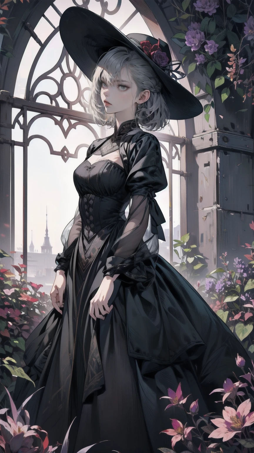 ネオゴススタイルの    girl, Wearing a black dress and a white collar, Wearing a black hat 、   with heavy makeup   ,     She's standing in an enigmatic garden     、Surrounded by vines    .    dark purple flowers are in full bloom in the garden     .、Gothic architecture in the background。.    girl&#39;Iの髪は黒色、    her hair is long braided    .、    red roses blooming next to her    。. Her eyes are sharp、It&#39;stabbing.,    Thick black eyeliner and 、 Red roses blooming beside her long eyelashes     .    she has white skin   .、Lips bright red.. The atmosphere is gloomy and eerie, Dim lighting casts long shadows.     This work is a collaboration between digital illustration and photography.., result、そのresult、Incredibly high resolution images。. Most colors are dark、I&#39;kind,   Dark red and purple exude intense beauty    ..      The overall style is neo-gothic      ., Horror,      Portrait photo      ,    creates a unique and fascinating visual experience     .Dark Imagery