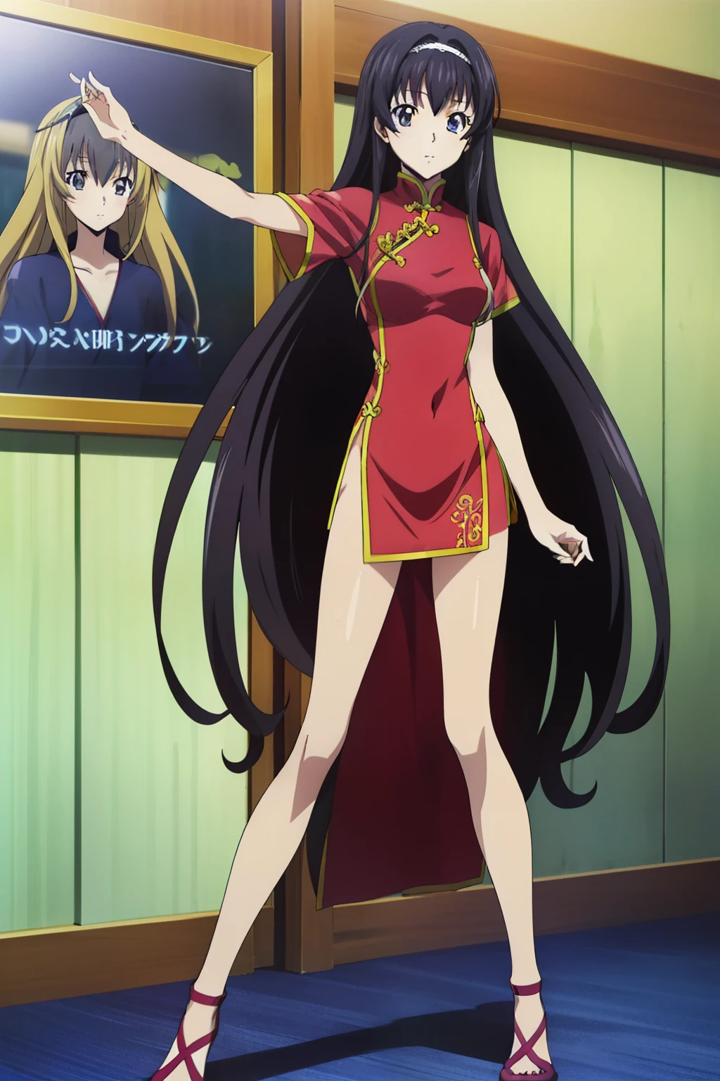 1 girl, cute, black hair, long hair, a Chinese dress, Kicking knees, Beautiful thighs, (anime cels style, Masterpiece, best quality, high resolution, anime colored, megami magazine:1.2, anime poster style, anime keyvisual, sharp, 8k, photorealistic), perfect body