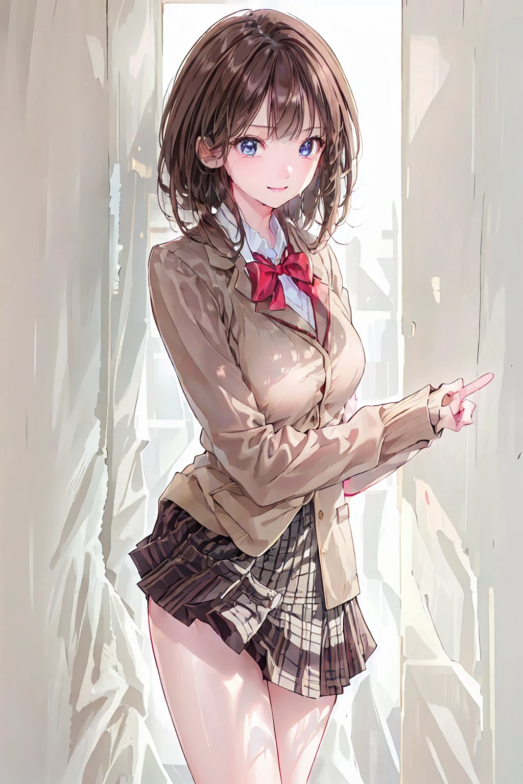 Brown Hair， shortcut ， hair is unkempt ，Slender beauty，hole々Positive Attitude，Small box，Beautiful legs，Her enchanting gray-blue eyes sparkle like stars，(masterpiece:2.0), (Best Quality:2.0), (ミニスカート ショート丈 女子高生blazer uniform:1.5), ( side view:1.5), ( sexy pose:1.5), (Red face:1.3), (Realistic:1.5), 1 , Precision small handle,   Embarrassing Looks  , smile, Very nice girl,  innocent face , Young Face,  Clear Eyes , Sparkling Eyes, Small box, Beautiful Skin,   peace sign， x} SUPER RESOLUTION ,  highest resolution , Japanese high school students, blazer uniform，Brown Hair, 