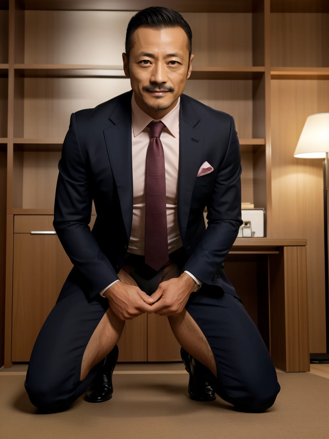 40 years old,Hidetoshi Nakata,(Kogoro Mori 1.3),whole body,Lean,muscle,office,black,foot,Suit,foot抬起,sofa,Baldhead ,transparent,Thick body hair,underwear,Topless,Densely hairy,Fortitude,HD,With a mustache