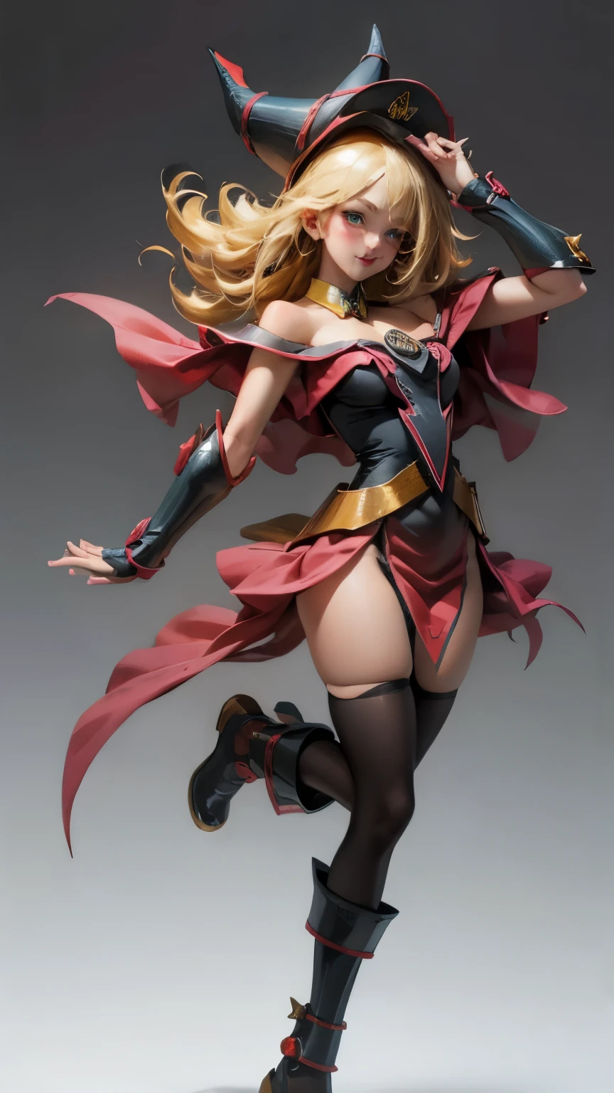  Magician girls , Japanese anime, Beautiful blonde girl in Alice miniskirt in a bright red Santa Claus costume. blonde hair.  green eyes.  red lips. blush on cheek.  She has tall gold boots. She wears black tights .  She has a staff in her hand. She wears a miniskirt. Take full body. smile. Walking pose. Staff in her hands . white background. bottomless