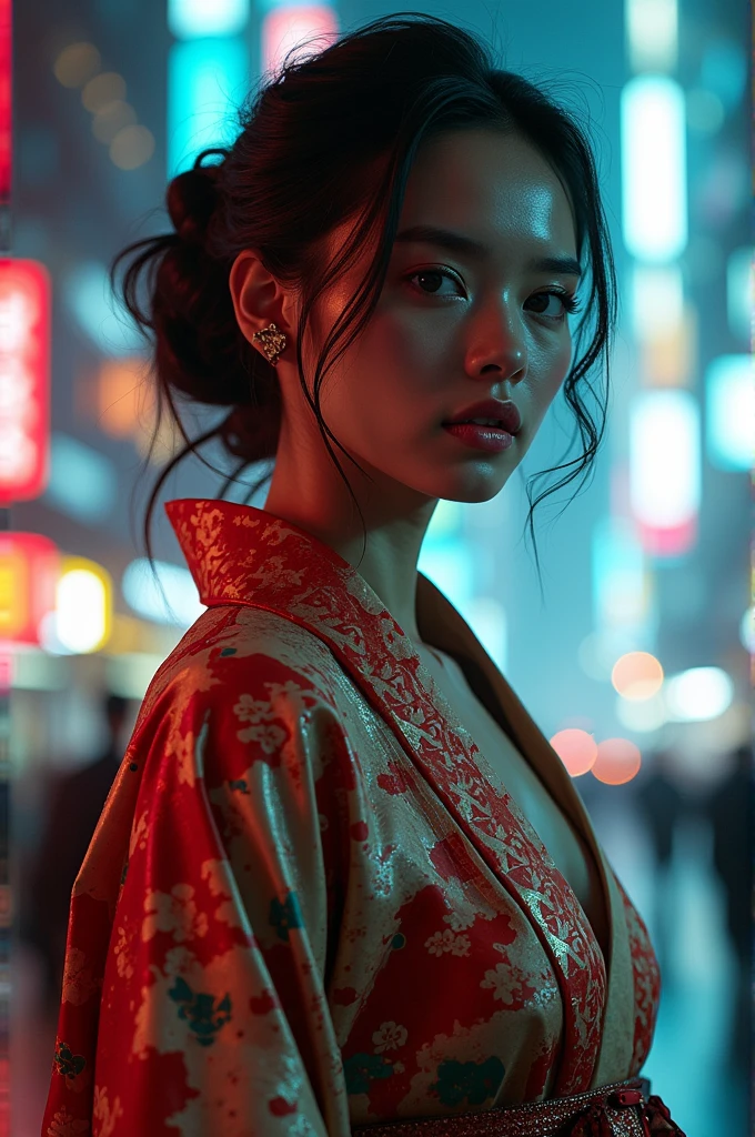 (backlighting,navel:1.2,black hair,street lamps),raining night,city,A beautiful woman wearing kimono on the bustling streets of Gintama, surrounded by vendors, beautiful portrait of a stunning goddess girl, beautiful detailed face, porcelain skin, half body shot, centered, ultra soft lighting, symmetry, intricate, elegant, highly detailed, photorealistic, artstation, concept art, smooth, as imagined by greg rutkowski and borris vallejo, cover, vogue style