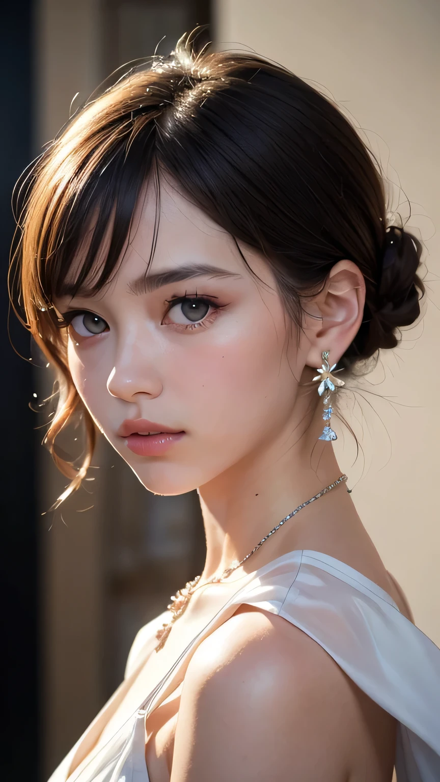 (best quality,4k,8k,highres,masterpiece:1.2), ultra-detailed, (realistic,photorealistic,photo-realistic:1.37),(beautiful detailed eyes, beautiful detailed lips, extremely detailed eyes and face, long eyelashes),studio lighting,physically-based rendering,vivid colors,(big tits, super big tits, super extra big tits),(short hair),(friendly smile),(earrings, maid's clothing),(soft lighting),(romantic atmosphere),(full frame portrait),