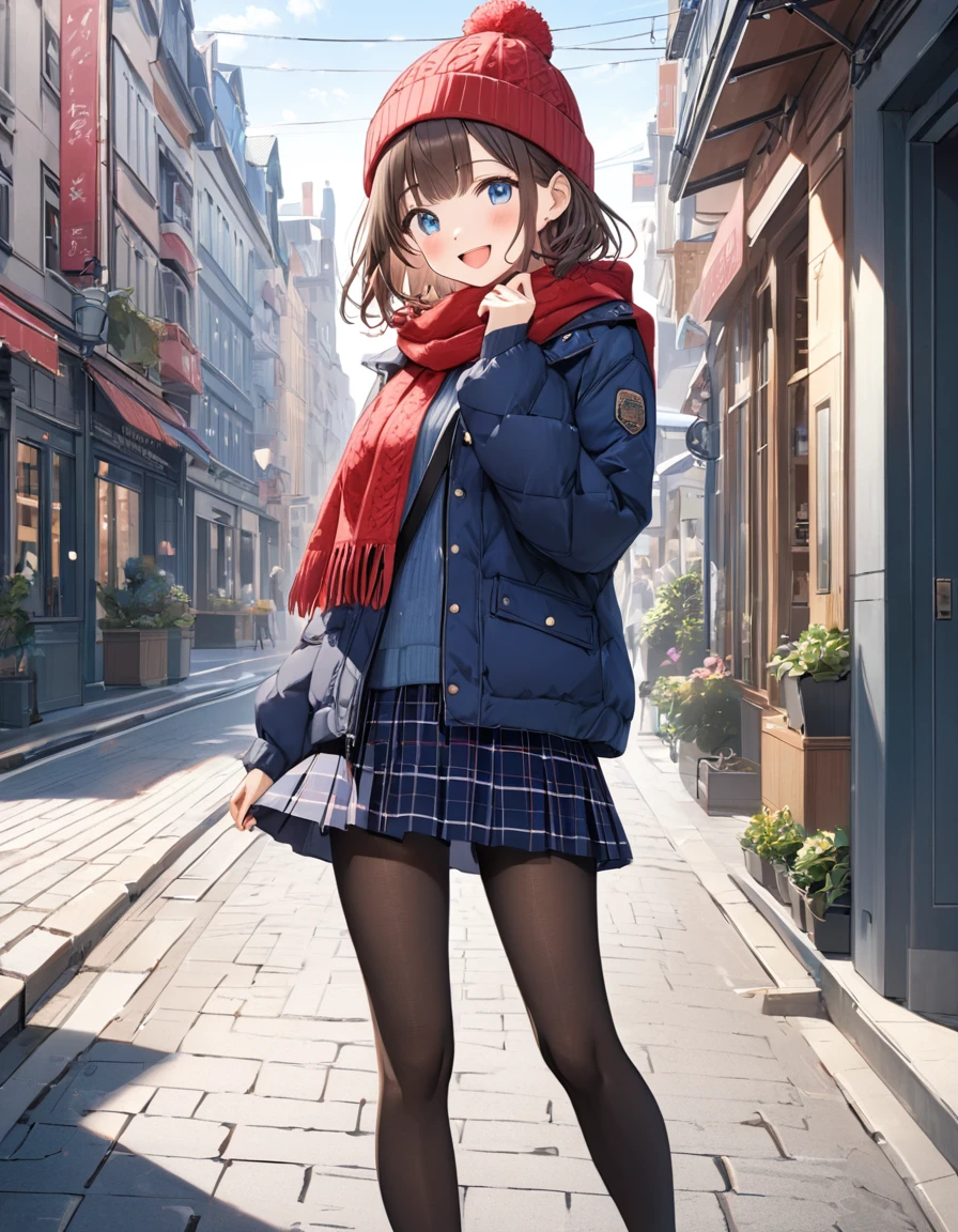 masterpiece, Best Quality,  Thin legs,  Beautiful Details , Fine texture, Fine skin,  1 girl,  Expressive Blue Eyes ,  small breasts,  Brown Hair,  medium hair , bangs, Knitted hat, smile, blush, open mouth, dark blue down jacket,  casual,  pink knitted sweater,  red scarf, navy blue plaid pleated skirt, (navy blue pantyhose ), short boots , city, Building Street, full body、standing ,
