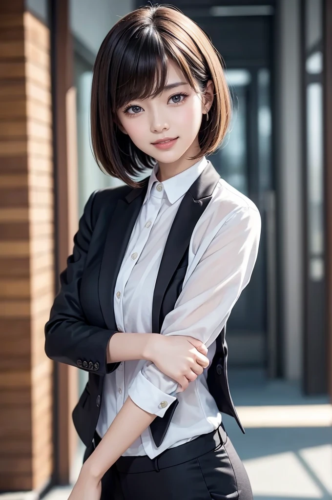 (masterpiece, best quality:1.2), 1girl, solo, straight bob hair, Wear a business suit, (smile:1.3), upper half of the body