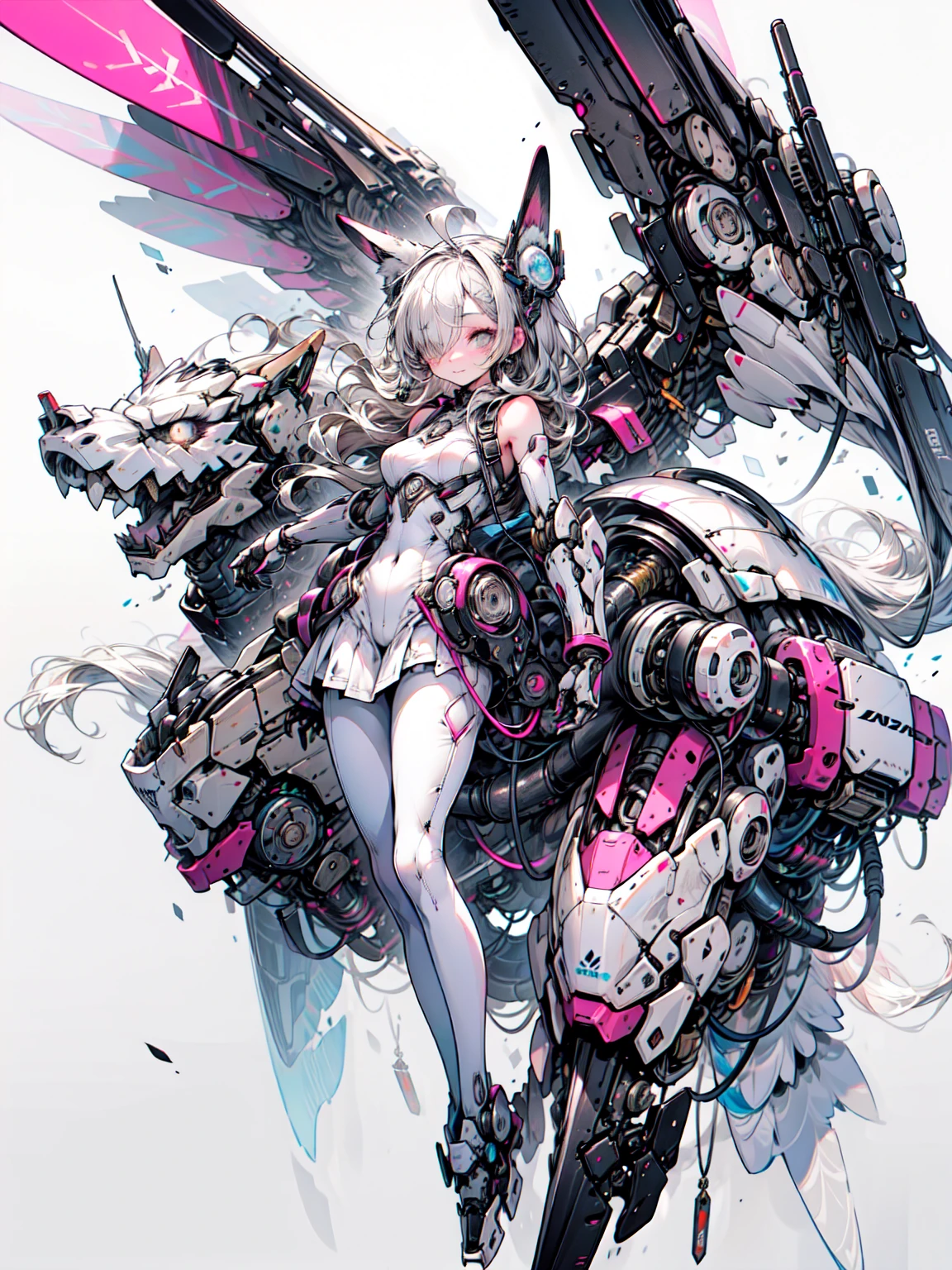 Dragon Ears, Mecha, Mechanical, Dragon Wing,  dragon tail , Dragon Horn,, ultra Get used to it, masterpiece, , beautiful, Get used to it,, strict,  1 girl, (White Eyes:1.1), (Grey Eyes:1.3), Grey Hair, とてもLong Hair, Side part,  Split Bangs , medium breast,,  Valkyrie, ( Bodysuit :1.1), Pink feather hair ornament, grey armored skirt, black  Bodysuit , armor,  Gauntlet , Pink breastplate, Leggings , armored dress, Shades of pink, Blake、（Dark Elf), ( 1 girl), Alone,  perfect face, Get used to it, Ahoge, ((Long Hair:1.2)), ( hair above one eye:1.3), [[ hair is unkempt ]],  Shiny Blonde ,  purple eyes,  colorful eyes ,  colorful hair, Sparkling Eyes, (eyelash,  eyeshadow, pink  eyeshadow),  bright , smile, Design Art：Haruhiko Mikimoto, Kawasaki, Yoshitaka Amano