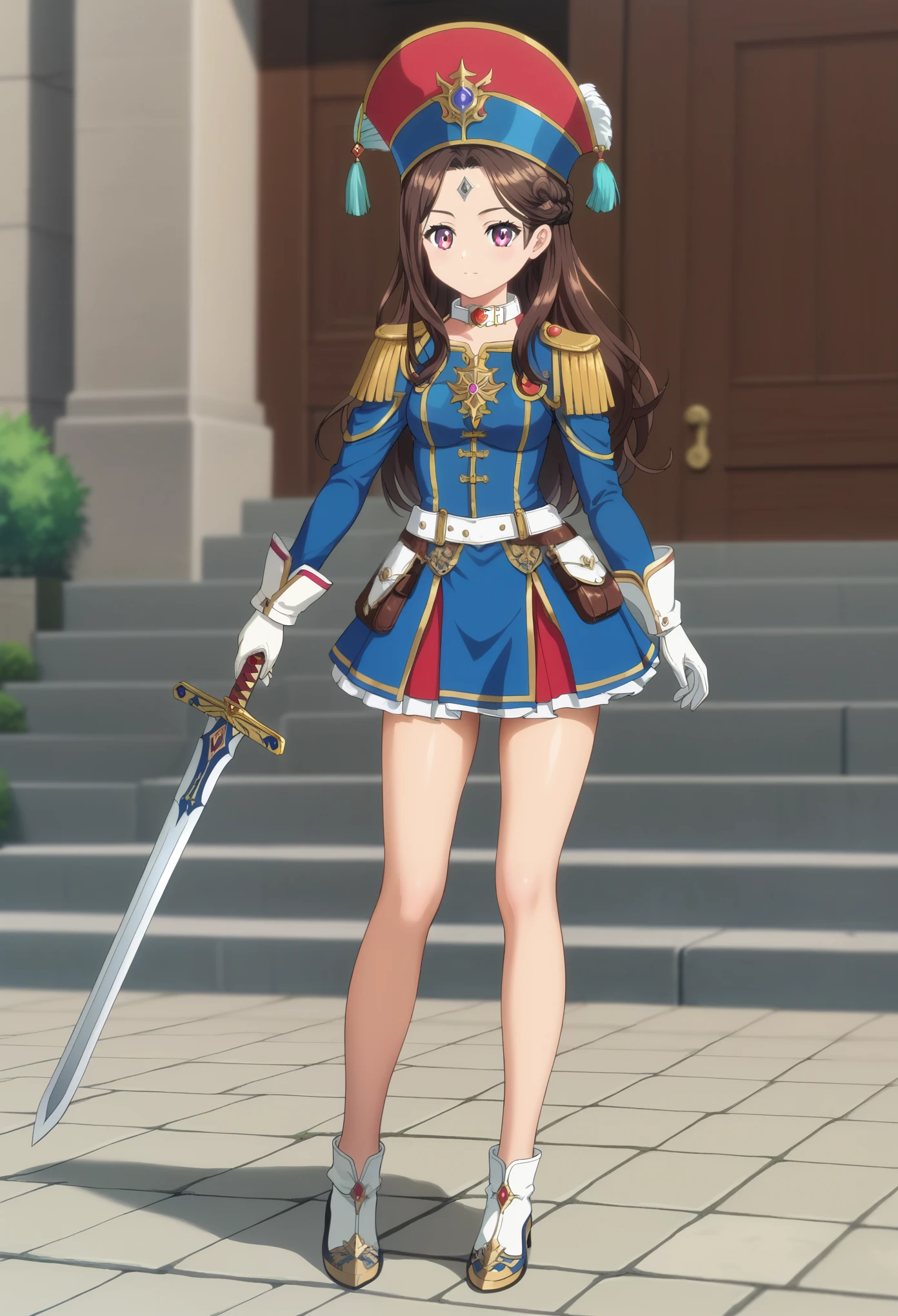 score_9, score_8_up, score_7_up, masterpiece, high res, detailed face, detailed eyes, anime screencap, 1 girl, solo, sword duel pose, tall, slender, brown hair. forehead, grey eyes, long hair, blue outfit, short skirt, musketeer hat, red plume, white collar, bare legs, gloves, outdoors, full body,