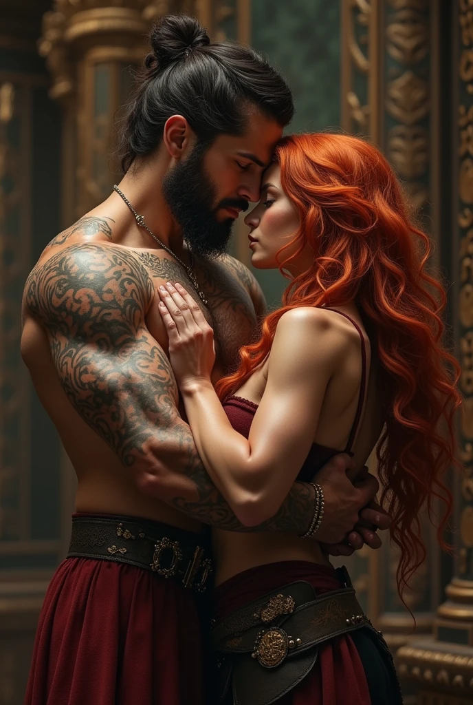 Tall muscular short-hair Chad man shirtless being hugged and groped and feeling muscles flirtatiously with his wife: Athletic fit bodybuilding muscular 30 year old fitness athlete Princess woman, goth emo witch, fantasy setting, amazingly long wavy voluminous flowing red hair down her back to her thighs beautiful like a waterfall, big beautiful green eyes, MANY freckles on face and body, muscle tone, wet and glistening from sweat, ((( IMPORTANT: and a huge colorful loose baggy oversized low-cut comfy big dress with ONE wide-neck-hole that goes all around off-shoulder and cleavage in one big swoop 1.3))), flowers in hair, muscle definition in shoulders and belly and legs, gorgeous neck and shoulders, curvy, juicy wide hips, thick thighs, nice big muscular ass, mature gorgeous incredible pretty face, grinning, laughing, many tattoos on her body, exploring an expensive mansion of a rich man in the night during a popular Halloween party with others, Instagram model, (((small breasts 1.3))) (((realistic figure))), ((( incredible thoughtful cinematography to enhance the scene and sense of space, bokeh and incredible colors and professional photographer with a sense of the dynamic and having depth 1.3 ))) , SFW, abs,photorealistic,super long hair, incredible outfit,