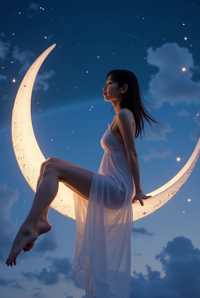 woman straddling a quarter moon, stars in a beautiful night sky, the image is to be generated with a high-resolution 16k, using a virtual 85mm lens, with a focus on sharpness and depth-of-field --auto