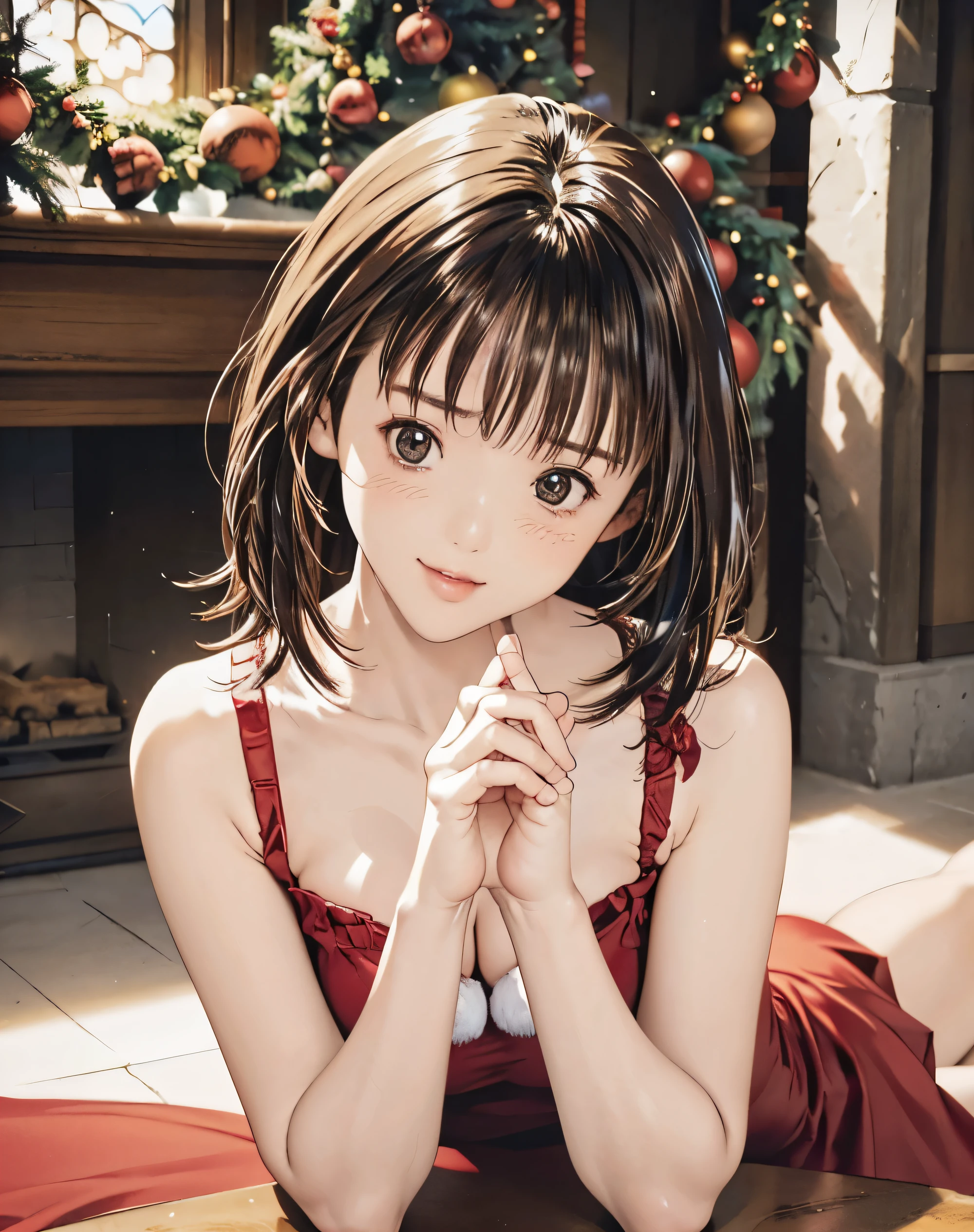 In 8K,Best Quality, high resolution on down, The truth, intricate details,超A high resolution on down, depth field ,Masseter region, natural soft light, Professional Writing, 1 girl,(cute:1.2), Very Beautiful Older Sister ,fine grain,(( Brown Eyes )),( Black Hair ),(Short pixie cut),(bangs),Perfect Skin,shiny skin, pure white skin , fine skin, big, rich breasts,(( COMPLETE ANATOMY,Great hands,Perfect hands, has 5 fingers connected to her palm, precise needles without feeling uncomfortable )),Perfect Barefoot,Delicate legs, perfect balance , sexy, I can see breasts ,Lurks deep inside the vagina,((Christmas dress))、(( Christmasガールフレンド )), anime girl , long brown hair , Brown Eyes , Rimless Glasses, sunburned skin from before, Very beautiful and big breasted 、(( Smiles Shyly 、scowl)、((Look this way、Shy、Teary-eyed)、background:church、 Christmas、