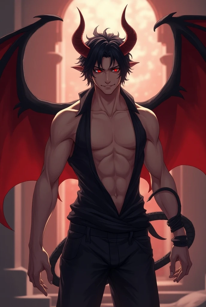 sexy demon boy with horns and pointy ears flexing his sweaty body, shirtless, smirking, hairy armpits, big bulge in pants
