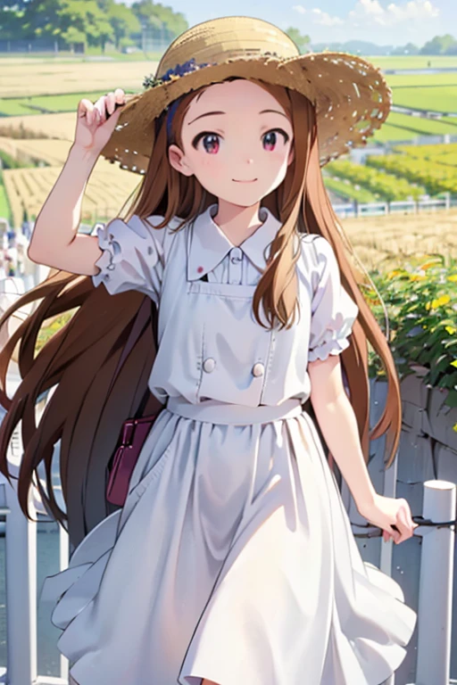 masterpiece, Best Quality,  high resolution on down, One girl、uniform,  white shirt ,  check skirt, Straw hat、Wheat field、stroll,smile