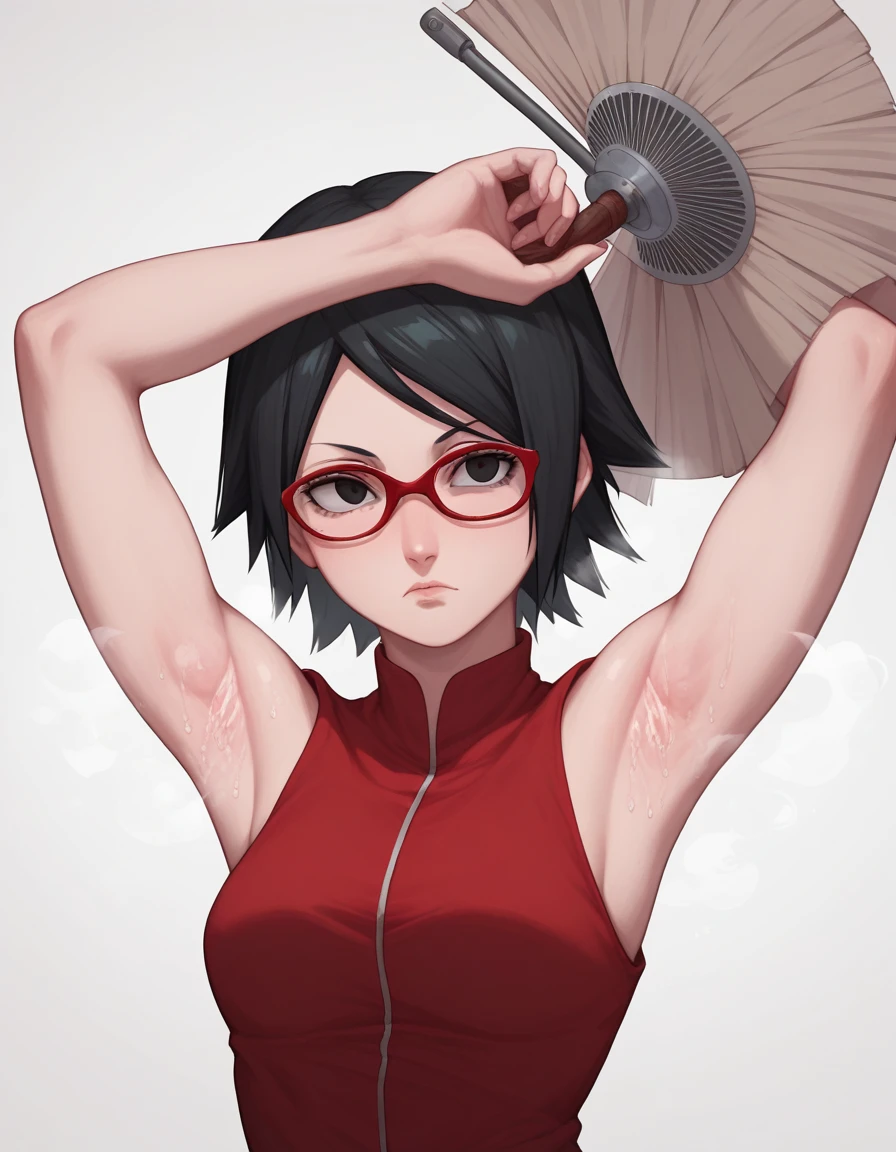  anime art style,sarada uchiha,  short hair,  Black Hair , (black eyes:1.5), Red-rimmed glasses, Glasses,   sweep bang,(Armpit:1.3)，(steam，steamimg:1.1)，  red dress ,halcon ,