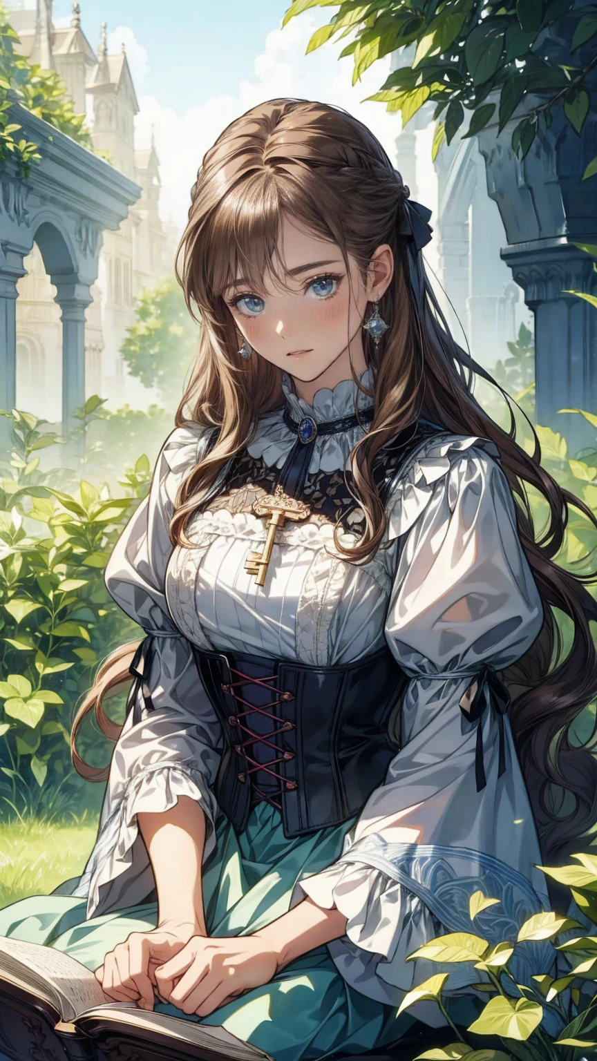 Attractive view of a young woman reading a book on the grass,(((watercolor))),  (((  upper body))), (((gothic))), ,she was adorned with hair accessories、,  Wavy brown hair。  ruffle miniskirt , sheの表情は自然だ,  calm expression . she wore a dress with ruffled sleeves and a tight corset...、she&#39;she&#39;she&#39;she&#39;she&#39;she&#39;she&#39; wearing a gorgeous off-the-shoulder white dress 。,  Black stockings are paired with delicate shoes  . sheのポーズはリラックスしている,、Place one hand gently on the dress, そしてsheは&#39;Turn slightly to the side,   gives a sense of contemplation and contemplation  . The background is vivid, Blooming flowers and intricate designs,   is whimsical and creates a romantic vibe  . Natural light coming from behind、柔らかな光がsheを取り囲む..., The delicate details of the costume、Highlights the vibrant colors of the landscape. The overall effect is a blend of elegance and fantasy........., Taking the audience into a dream world. 

A woman in a dress and boots is sitting on the lawn in the garden, Beautiful anime art, Beautiful anime artwork, Kschat Krentz Key Art Feminine,   Curvy petite   , Anime Art Nouveau, Detailed Key Anime Art,  Anime full body illustration , Gwaiz&#39;Art Station Pixiv,  Pixiv Digital Art,     Beautiful fantasy anime    