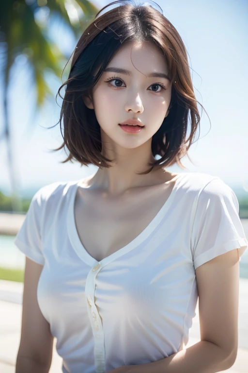hyperrealistic illustrations、High resolution 8K、With highly detailed illustrations、A masterpiece characterized by beautiful detailed eyes。Perfect as wallpaper、Features a detailed face。The figure is drooping and sweating a little.、It is a short-haired Japan girl with a close-up of the upper body and the armpits。She is wearing a simple white tank top.、The inner color is the key。She is portrayed solo、The background is simple。pure、She has big。This work is a detailed depiction of a camel's toe。(best quality,4k,8k,highres,masterpiece:1.2), ultra-detailed,(realistic,photorealistic,photo-realistic:1.37)High-quality images。