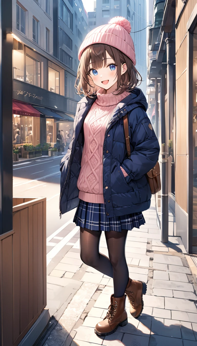 masterpiece, Best Quality,  Thin legs,  Beautiful Details , Fine texture, Fine skin,  1 girl,  Expressive Blue Eyes ,  small breasts,  Brown Hair,  medium hair , bangs, Knitted hat, smile, blush, open mouth, dark blue down jacket,  casual,  pink knitted sweater, navy blue plaid pleated skirt, (navy blue pantyhose ), Jockey Boots, city, Building Street, full body、standing ,
