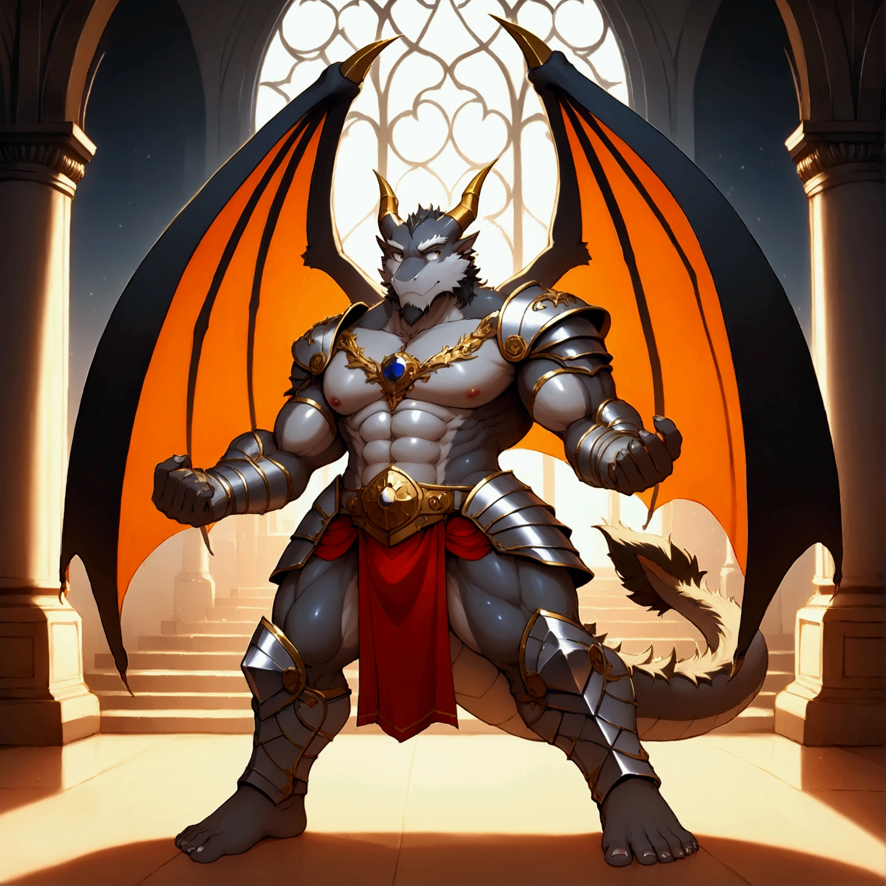 character focus, full body, looking away, dynamic angle, dragon, muscular middle-aged dragon man, silver gray skin, dragon wings, dragon muzzle, dragon face, complete anatomy, perfect proportions, beautiful thigh gap, fluffy body, intricate fur details, beautiful fur texture, BREAK (a detailed dragon one tail), detailed toe, 5toes, 5toes nails, detailed dragon foot, BREAK detailed hands, 5fingers, 5fingers nails, BREAK aesthetic anime face, insanity detailed face, male face, big face, square jawline, aesthetic anime eyes, detailed brown eyes, detailed brown cornea, detailed dark brown irises, detailed pupils, male eyes, big eyes, male eyebrows, innocent look, beautiful beard, BREAK costume clothes, armor, loincloth, perfect composition, fighting, quantum electromagnetic life form force, dynamc pose, BREAK full body in Michelangelo Buonarroti style, housamo style, digital illustration anime, detailed painting landscape, kaleidoscopic swirls, old castle, indoor, full color HDR, BREAK masterpiece, official art, best quality, very aesthetic, absurdres, super fine illustration, great quality, BREAK noise reduction, very highres, large filesize, high quality, 32K, 8k wallpaper, dynamic lighting, BREAK insanity detailed, ultra detailed, intricate details, extremely detailed, detailed texture, an extremely delicate and beautiful, BREAK e621 illustration, osukemo, kemohomo, anthropomorphic, furry, cartoon, harmonious body, pastoral face, virtuous eyes, epic atmosphere