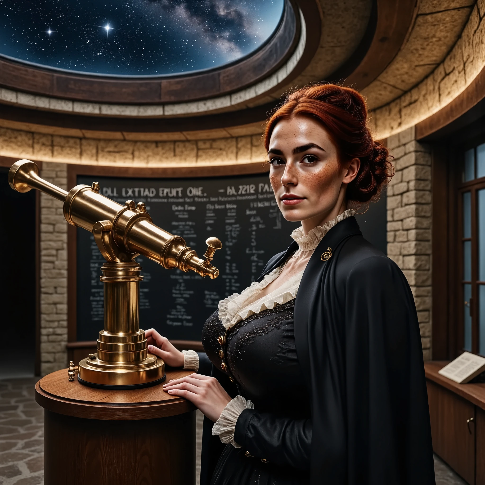 Photorealistic, cinematic style, a picture of a beautiful British woman is operating an ancient telescope in a rustic observatory. A round stonework room with a domed ceiling, ceiling has a hole for observation. On a pedestal a large brass telescope. Walls of the room are covered in astronomical charts and blackboard with calculations. She has black buttoned dress with high neckline, white ruffle collar, black cape. She's got brown eyes, downturned eye shape, light skin and freckles, reddish-brown hair, hair gathered up to a bun,. perfect hand,HDR, intricate details. Outside is a starry night. 
