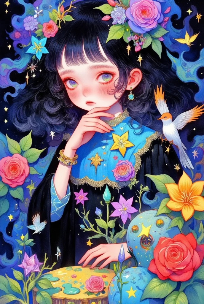 A painting of a girl surrounded by flowers and birds, Lovely detailed digital art,  A beautiful art illustration ,  Beautiful digital illustrations , artstration Trends, author：Li Song, Shin Jin Hwi Art , Girl in the flowers, author：Ni Duan, Beautiful digital illustrations, Lovely art style, author：unbelievable, Detailed painting 4k, Yu Zhiding, Inspired by Cheng Yanjun 