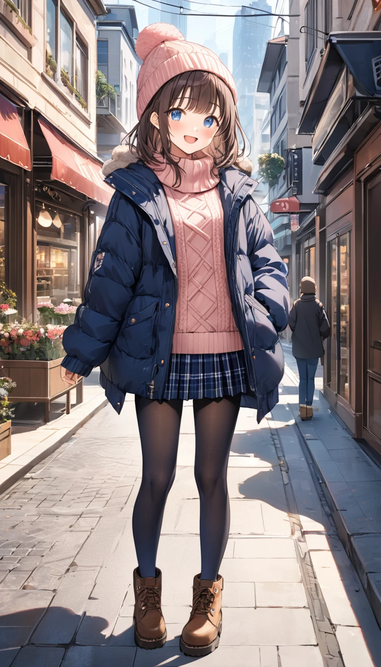 masterpiece, Best Quality,  Thin legs,  Beautiful Details , Fine texture, Fine skin,  1 girl,  Expressive Blue Eyes ,  small breasts,  Brown Hair,  medium hair , bangs, Knitted hat, smile, blush, open mouth, dark blue down jacket,  casual,  pink knitted sweater, navy blue plaid pleated skirt, (navy blue pantyhose ),  Mouton Boots , City, Building Street, full body、standing ,
