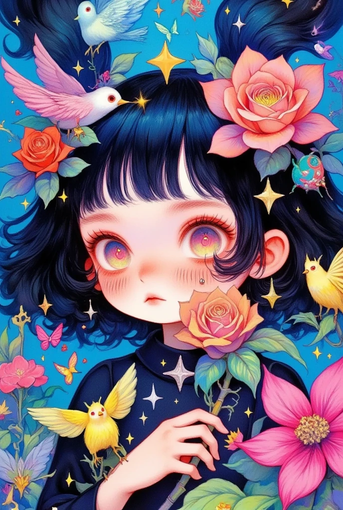  A painting of a girl surrounded by flowers and birds, A detailed painting by Li Song  ,  is trending on ArtStation ,  pop surrealism , Lovely detailed digital art,  A beautiful art illustration , artstration Trends,  Beautiful digital illustrations , Shin Jin Hwi Art , Girl in the flowers, Beautiful digital illustrations, Lovely art style, Detailed painting 4k, 可爱的数字艺术, Digital Anime Illustration