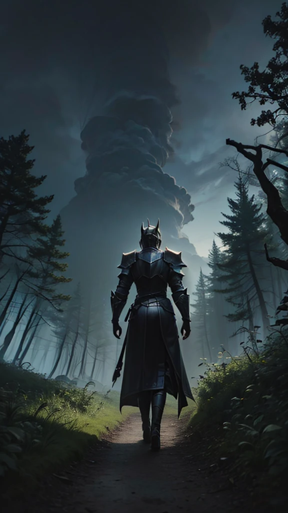 from below, from behind,  old knight woman standing in the distance, very long shot, full body,  Dark Sky , A large cumulonimbus cloud is right in front of us, (photo realistic:1,5), best quality,darkness Forest、Silver Armor、The Dark Knight

