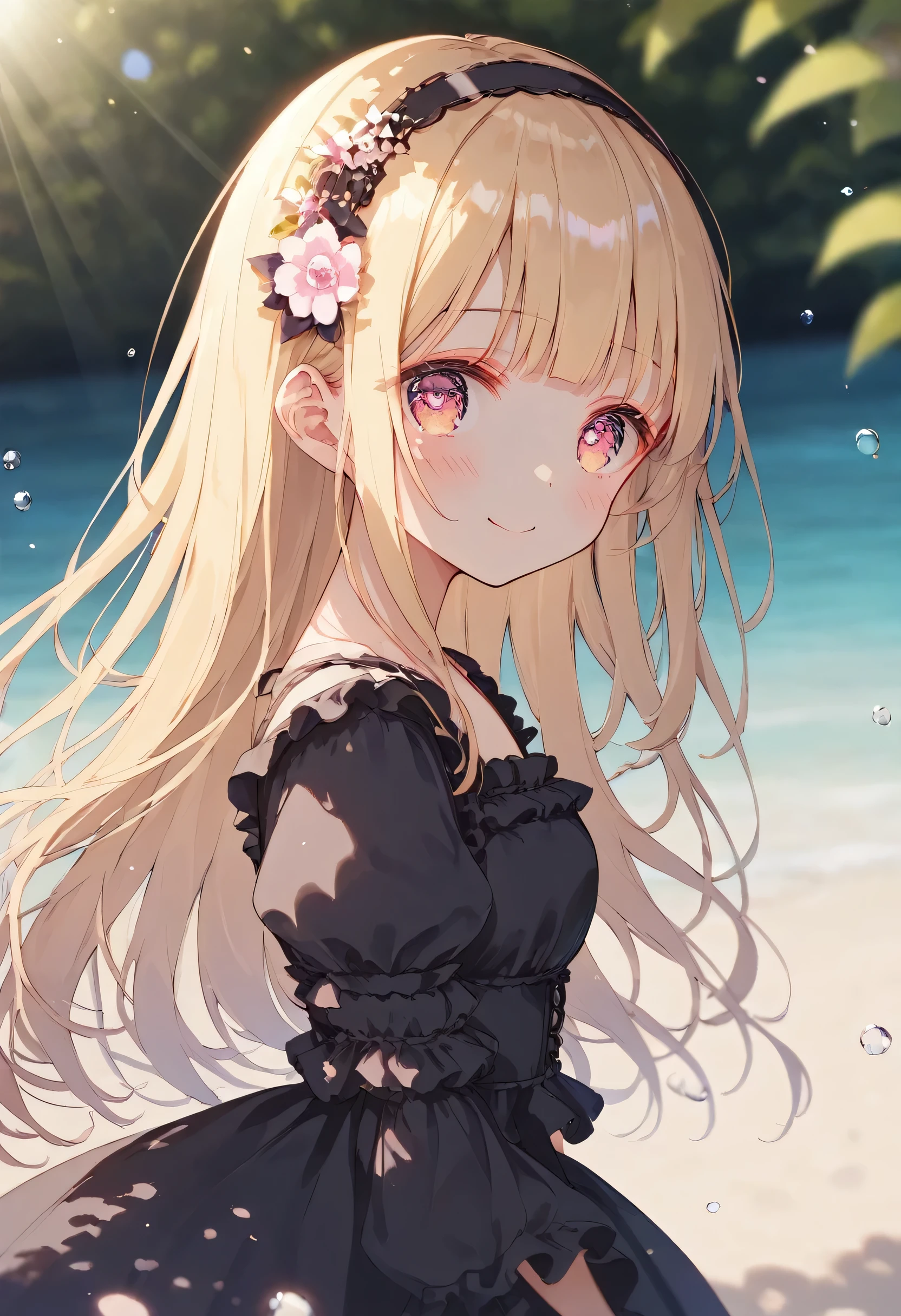 [   WAI-ANI-NSFW-PONYXL   :100],
score_9, score_8_up, score_7_up, score_6_up, score_5_up, score_4_up, masterpiece, best quality, source_anime,
alone,cute 1girl,(****:1.2),blonde hair,straight long hair,blunt bangs,Black ribbon hairband,pink eyes,blush, smile,( crowns、princess clothes 、 pretend gothic dress), pastel hues,walking in the seaside path,blurred edges,nostalgic mood,(dappled sunlight:1.2),blurry,(depth of field:1.1),Delicate rural landscape ,blue sky,arched back、 beautiful flower field on one side 、Look down and smile、 lift skirt 、(beautiful detailed eyes:1.7),Model pose